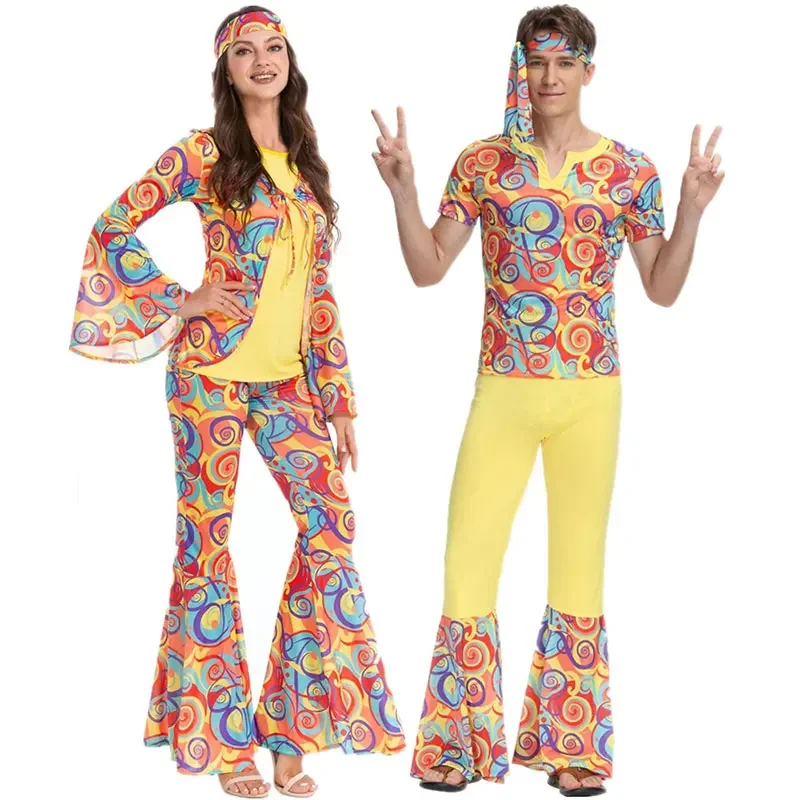 Retro 60s 70s Hippie คอสเพลย์ฮาโลวีน Carnival เครื่องแต่งกายสําหรับผู้ชายผู้หญิงแฟนซีปลอมตัวเสื้อผ้า Party Hippie Rock Disco Night Club