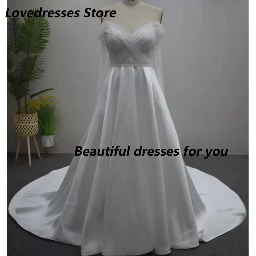 New Arrival Bride Gown Customized V Neck Pearls Long Sleeves Sweep Train Satin Pleated A Line Wedding Dress Robe De Mariée