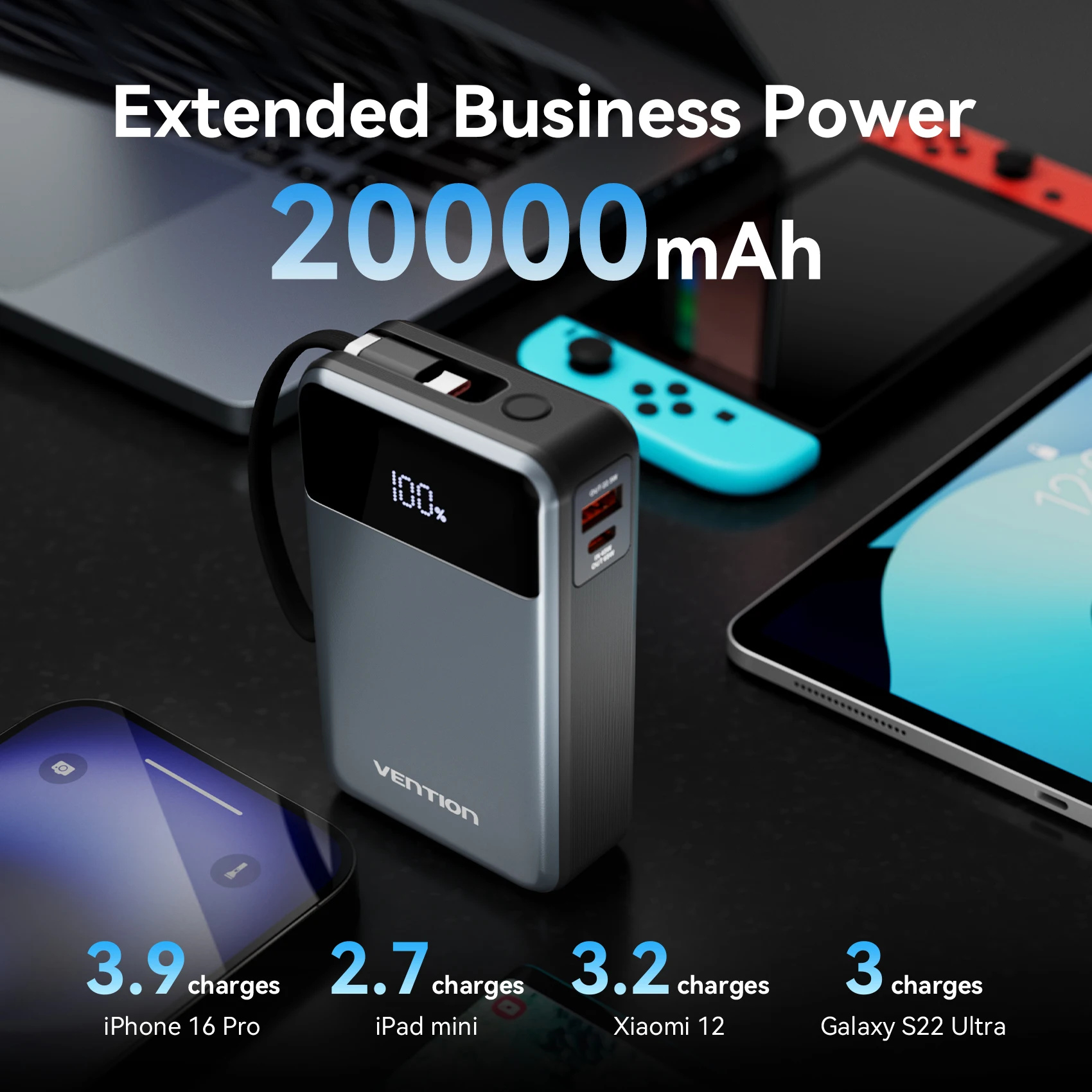 Vention Power Bank 20000mAh 65W PD Fast Charger with Built-in Type-C Cable Portable Powerbank for Laptops External Spare Battery