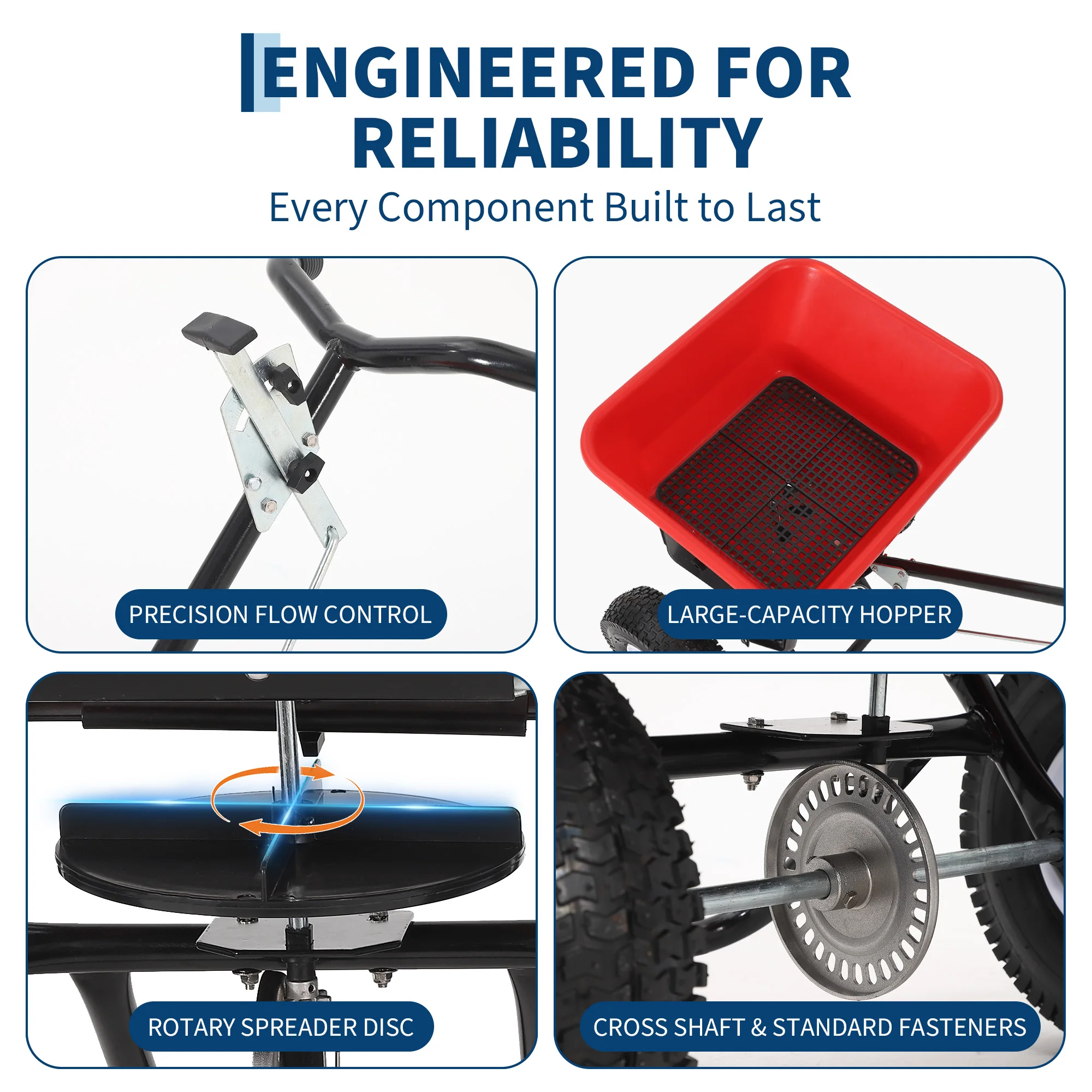 45L Heavy-Duty Broadcast Spreader for Seed Fertilizer & Ice Melt Walk-Behind with All-Terrain Rubber Tires  Adjustable current Control  Pre-Assembled
