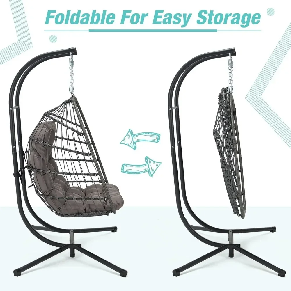 Double Rattan Swing Egg Chair with Side Pockets, Foldable Hanging Egg Chair with Stand, Outdoor and Indoor Egg Chairs