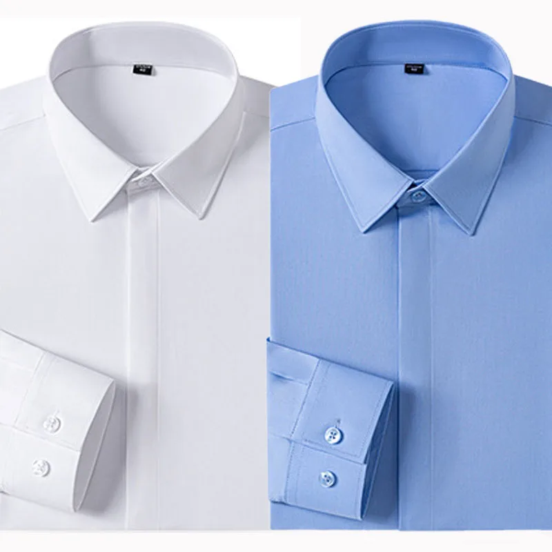 Men's new wrinkle resistant silky smooth business casual formal long sleeved boutique white sleeved shirt with concealed placket