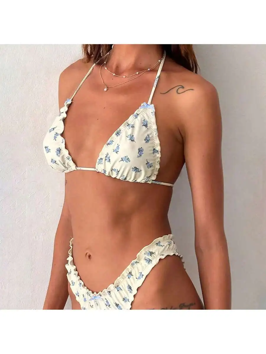 

Womens 2 Piece Floral Triangle Halter Bikini Set High Waist Ruffled Swimwear