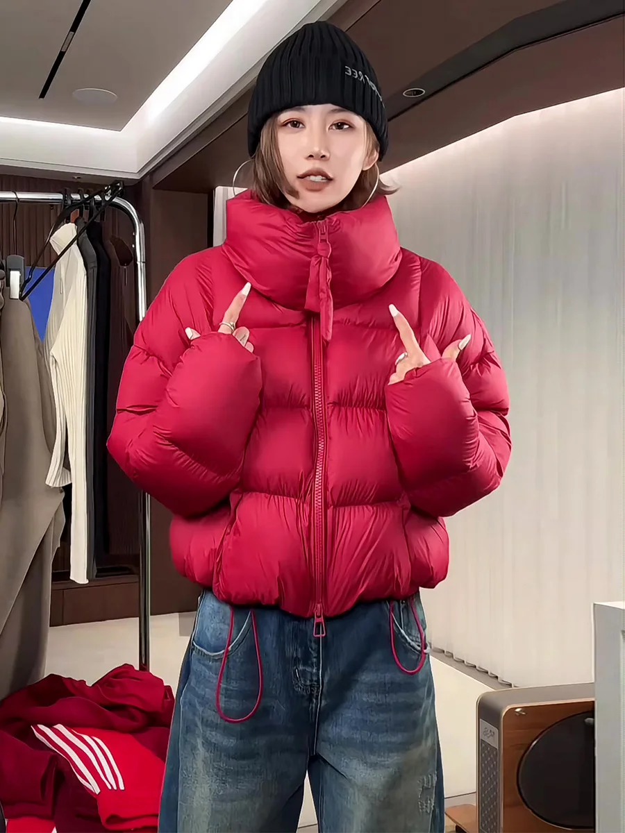 

Red ort Puffer Jaet Women's Winter Stand Collar Bread Du down Thi Warm Outerwear Casual Loose Sle Zipper ket