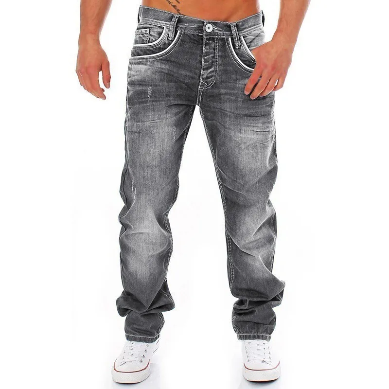 European and American New Fashion Trends Men's Polished White Zipper Old Loose Straight Open Line Trousers Jeans