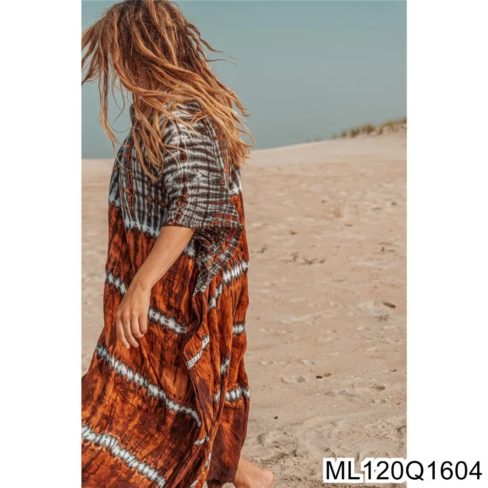 2025 ใหม่ผ้าฝ้ายเบาะ Tie-ย้อมพิมพ์ Beach Smock, วันหยุดหลวมชุดยาว, ชุดว่ายน้ํา, Smock Dress, ฤดูร้อน ML120Q16