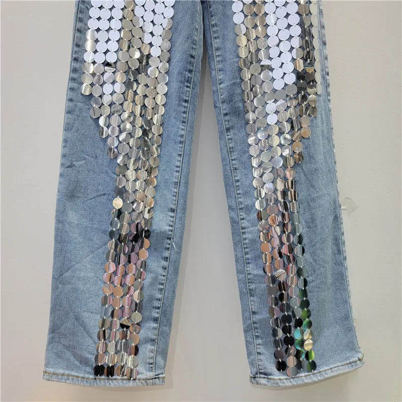 2024 Spring Summer Women Fashion Glitters Bling Bling Wide Leg Denim Pants , Woman Dot Sequined High Waisted Jeans Trousers