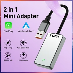 Wired to Wireless 2 In1 Carplay&Android Auto Adapter Glass Rearview Mirror Mini  AI Box, USB/C Type Plug & Play  For OEM Car