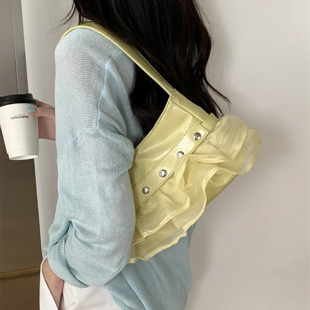 

Rivet Ruched Tulle Design Underarm Bag Women Handbag 2025 New Fashionable Single Shoulder Bags Spicy Girl Handheld Daily Pack