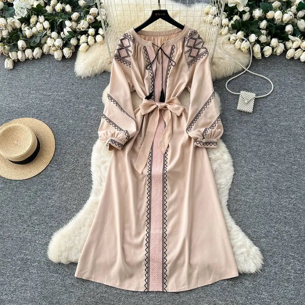 فستان أنيق عتيق بأكمام طويلة وأكمام طويلة مطبوع ملابس نسائية للخريف على الموضة الكورية الجنية الأنيقة