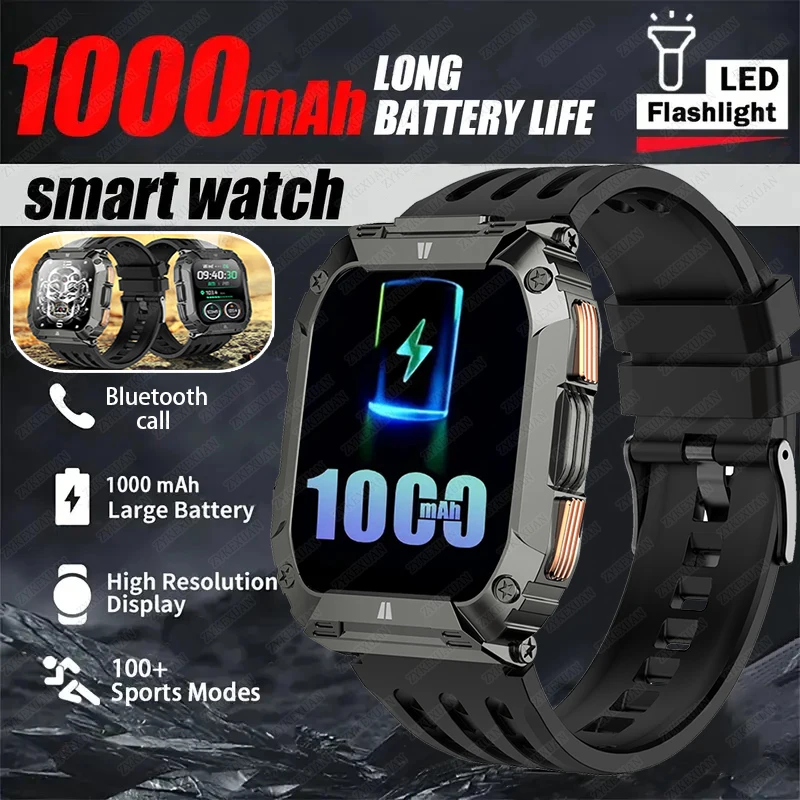 

Новые умные часы для мужчин, аккумулятор большой емкости 1000 мАч, уличный фонарик, Bluetooth-вызов, водонепроницаемые, спортивные, фитнес-умные, умные часы
