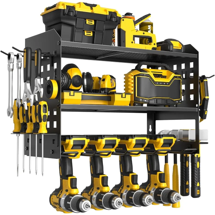 Spacecare Power Tool Organizer Drill Holder Wall Mount with 2 Side Pegboards with Hooks 3 Layer Garage Organization Floating Co