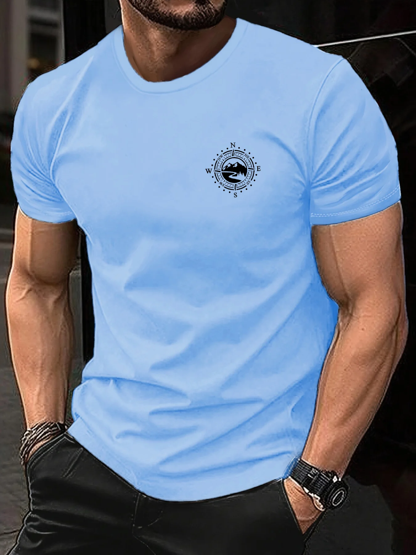 Summer Men's 100% Pure Cotton Casual Fashion Mountain and Compass Print Loose and Comfortable Round Neck Short Sleeved T-Shirt