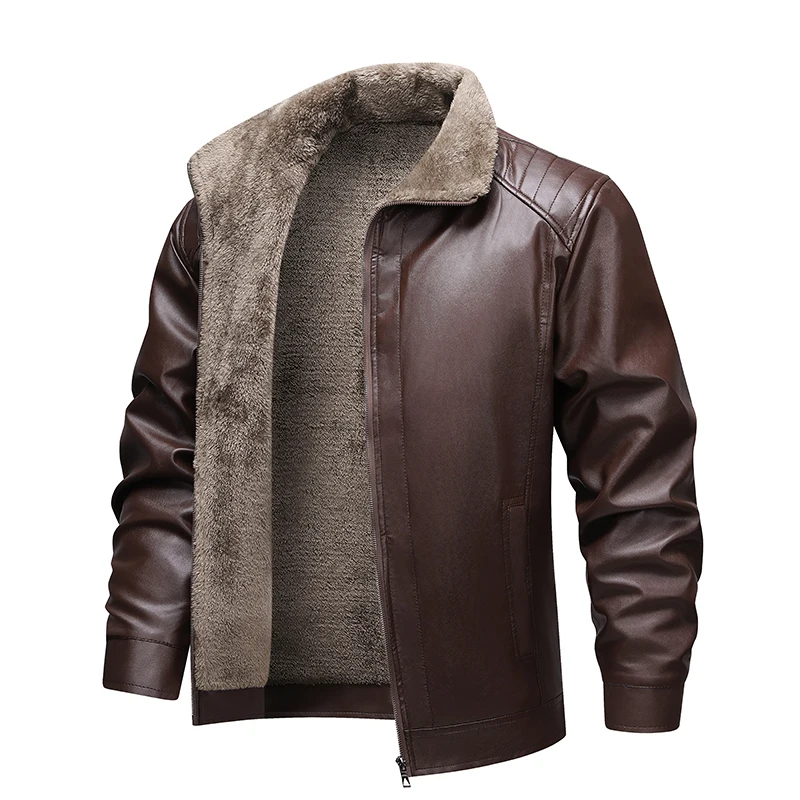 Leather Jacket Man Fleece Lined Winter Jacket Fashion Retro Motorcycle Biker Jacket Faux Leather Coat Outwear Casual Streetwear