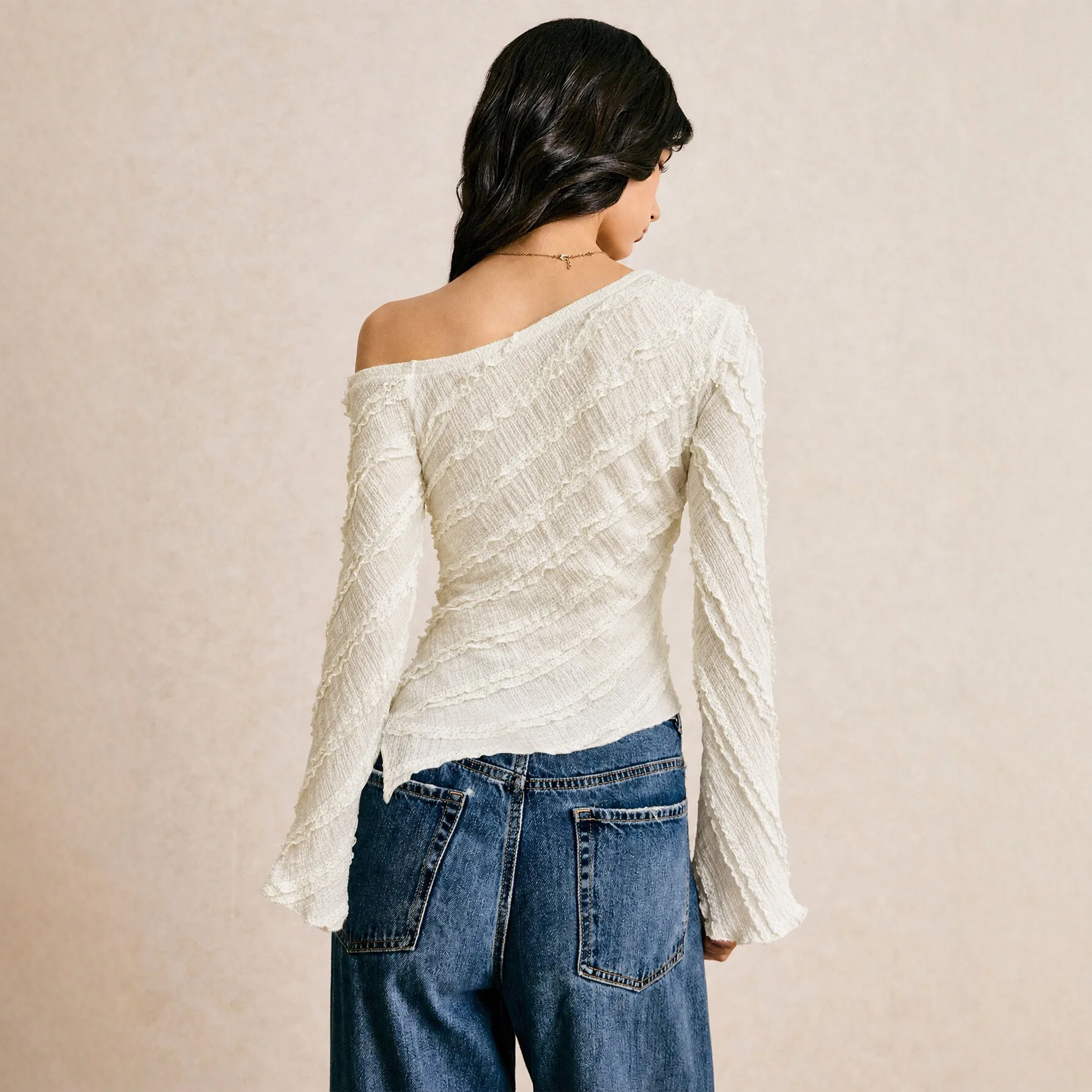 Women French Texture Asymmetric Shoulder Flared Sleeve Top Irregular Hem Waist Slim Long Sleeve T Shirt