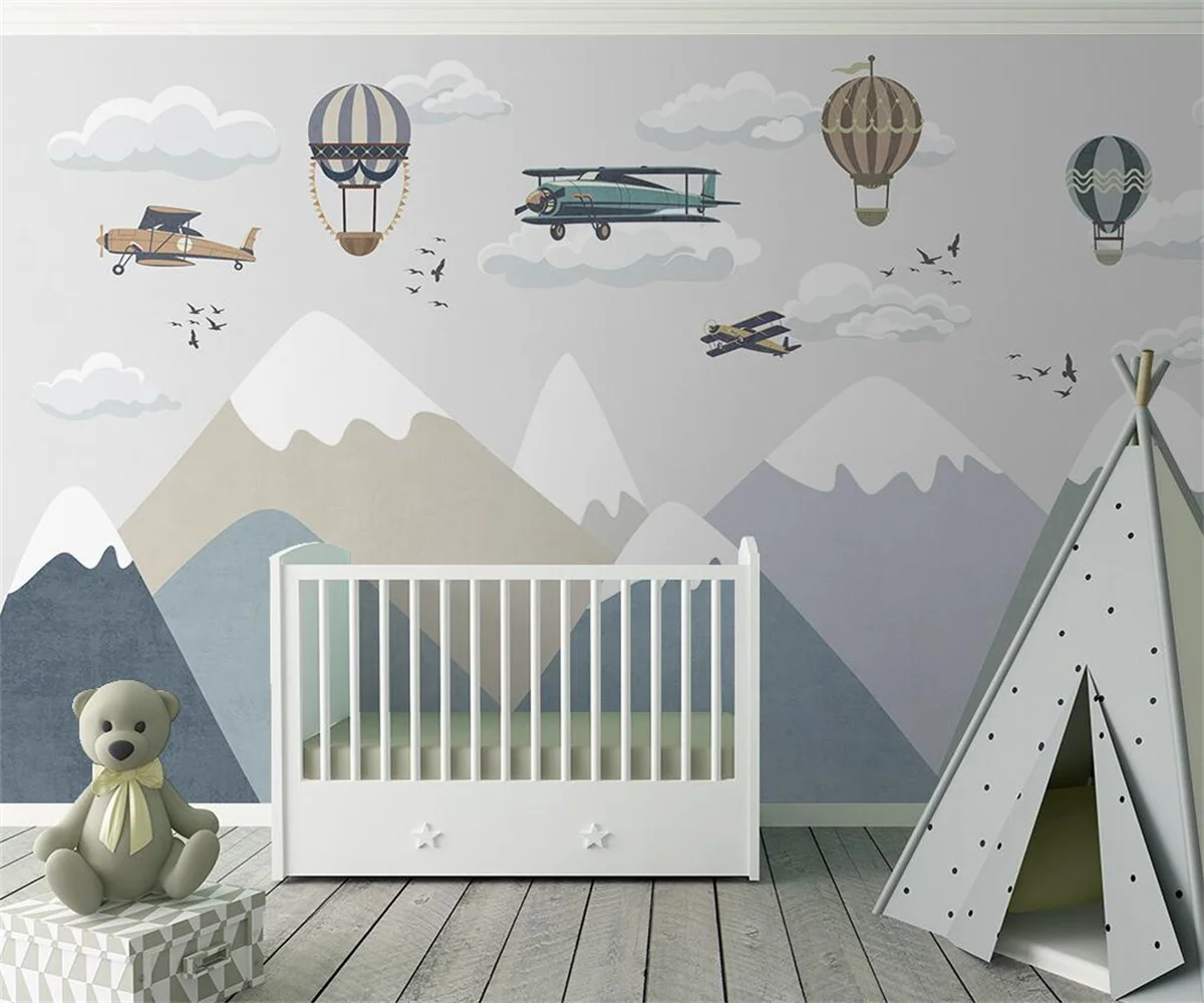 

cartoon wallpaper fashion kids room decoration 3d wallpaper mountains airplane clouds scenery hot air balloon kids wallpaper