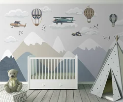 cartoon wallpaper fashion kids room decoration 3d wallpaper mountains airplane clouds scenery hot air balloon kids wallpaper