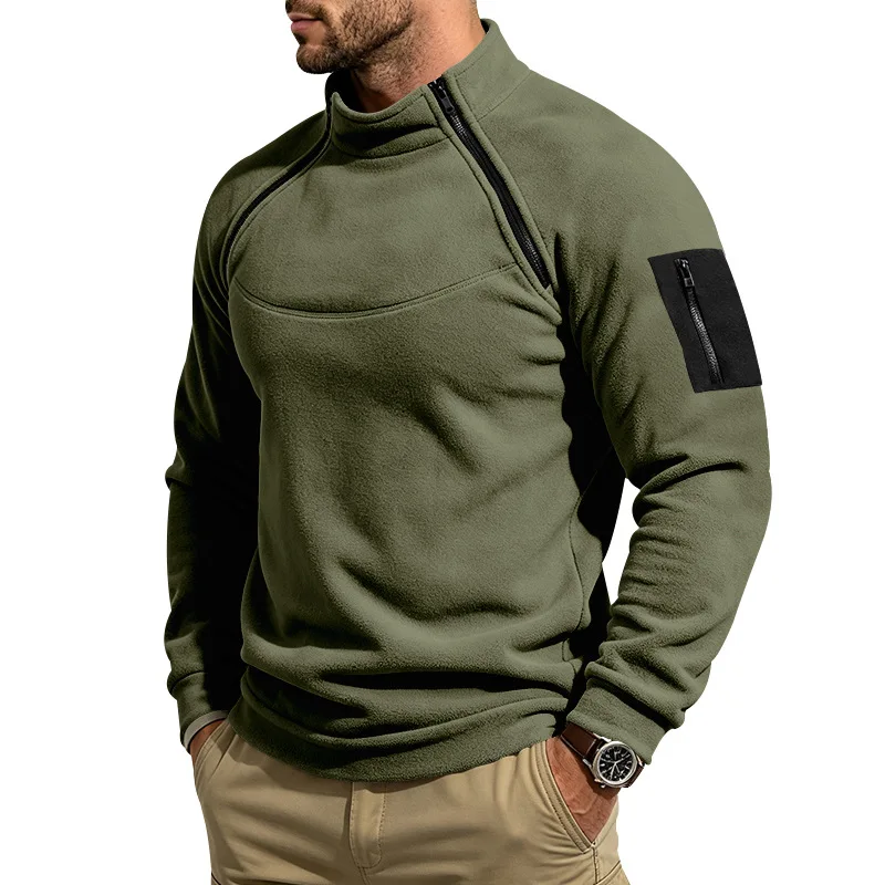 Herren Herbst-Winter-Sweatshirt aus dickem Fleece, Stehkragen, Doppelreißverschluss, lockere, warme Outdoor-Wanderjacke für den Alltag. – Detail 13