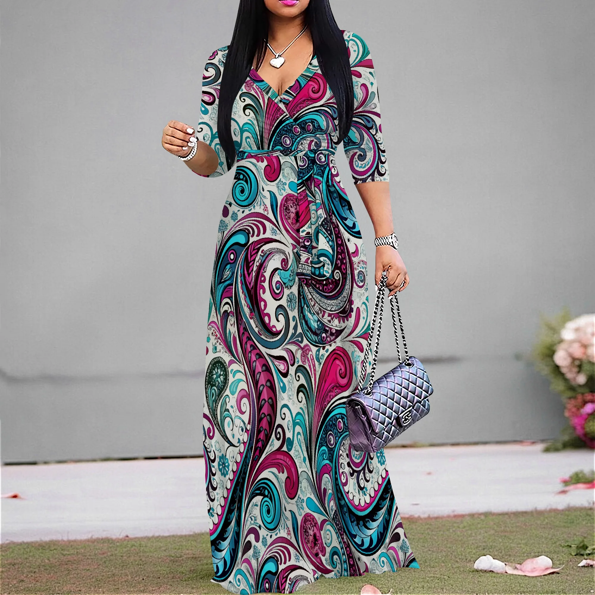 

Persian Swirl Print Maxi Dress S-2XL Jewel Tone Bohemian Wrap Dress for Vacation or Festival Wear