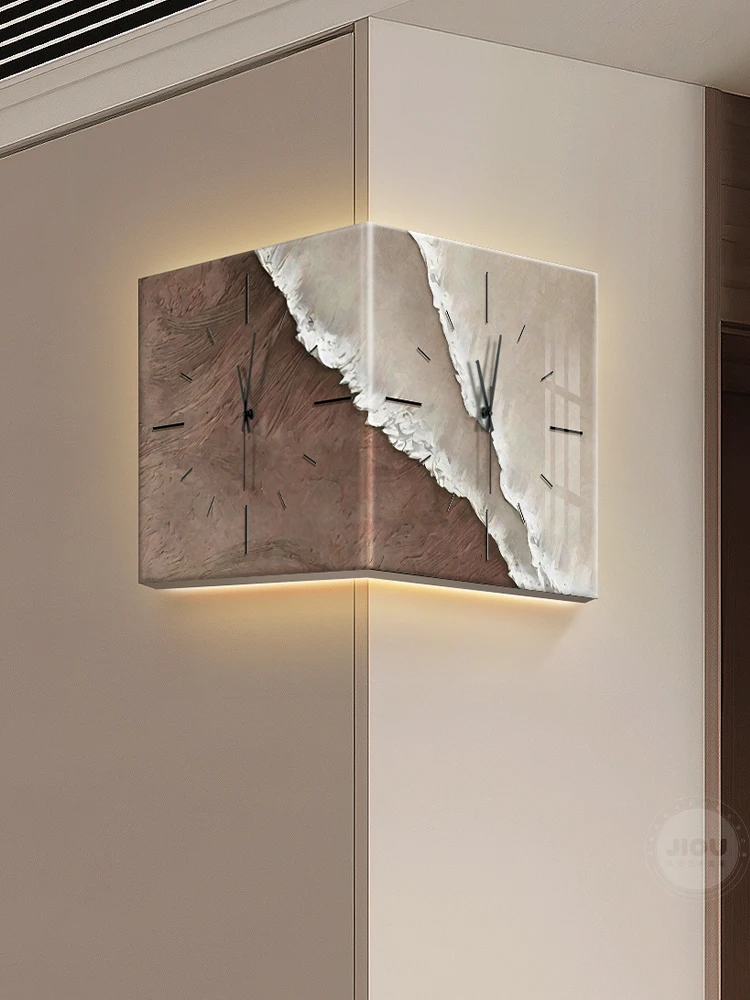 Minimalist with clock mural porch corner wall clock mural luminous living room wabi-sabi wind wave corner clock hanging painting image 4