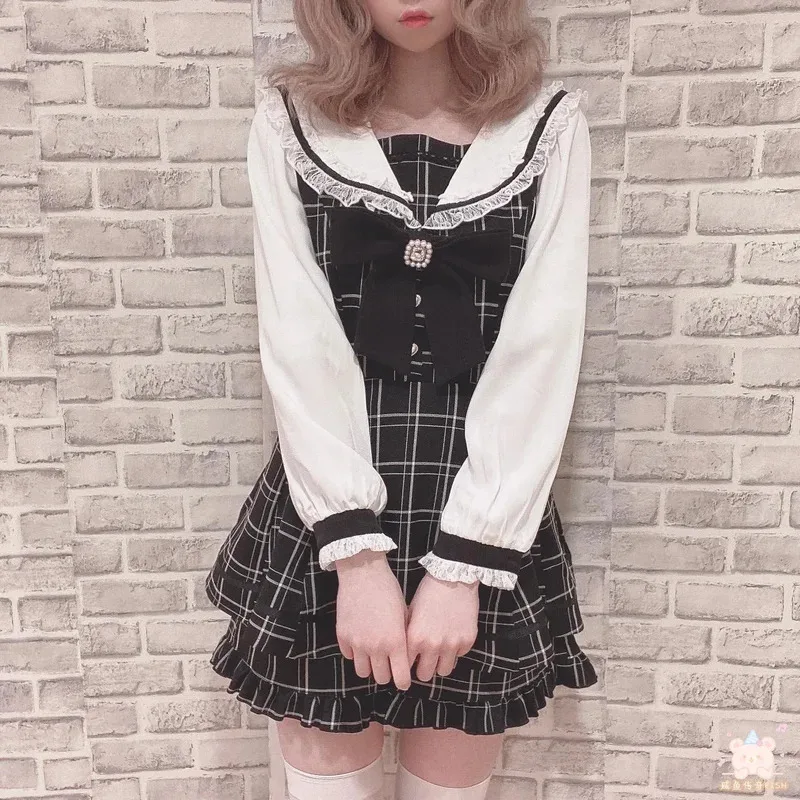 

25COSJapanese Style Women's Outfits Sailor Collar Plaid Rhinestone Bow Dress Shorts Set Sweet Lolita Mine Series Dress Two-Piece