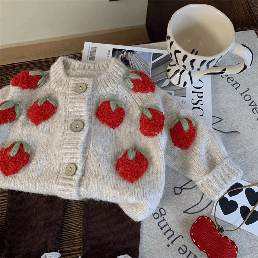 Kids Girls Strawberry Sweater Suit Autumn Winter Cute Single Breasted Knitted Cardigans Coats+Leggings 2Pcs Children Clothes Set