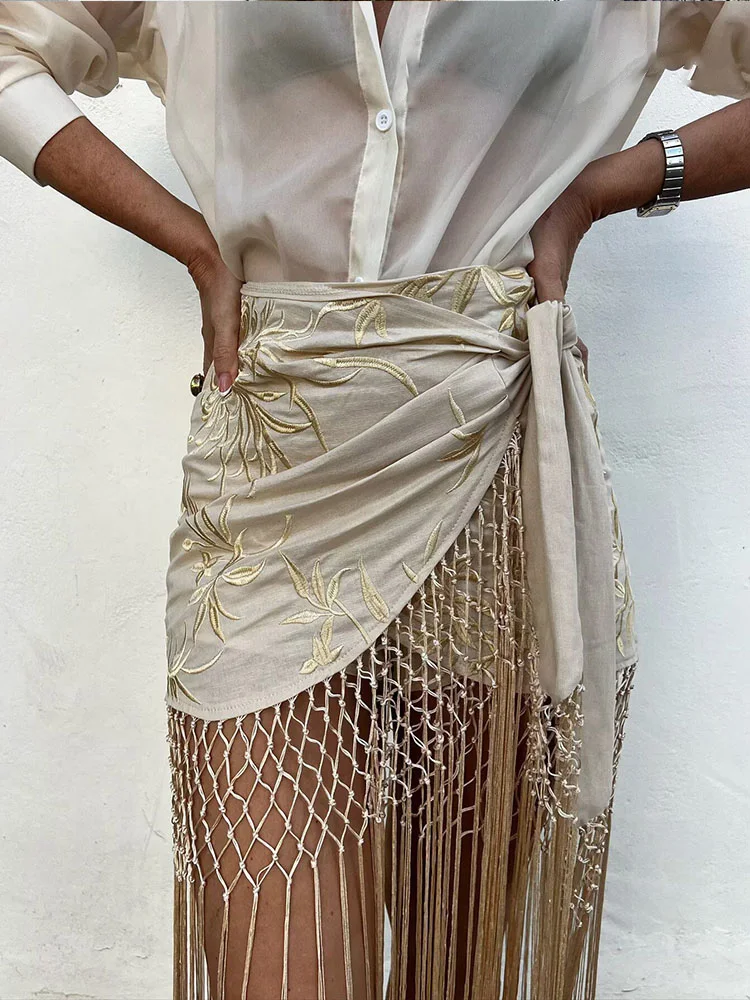 HH Gonna longuette casual asimmetrica con nodo a vita alta con temperamento femminile ricamato alla moda da donna