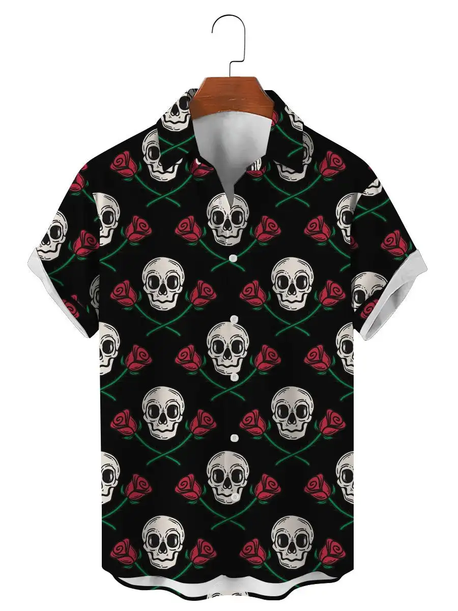 Camisa estampada floral do crânio 3D dos homens, manga curta Tees, camisas de lapela, streetwear, moda havaiana, engraçada