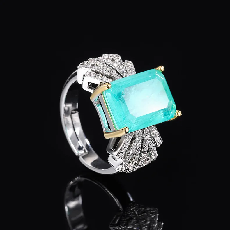 QTT New Trendy Synthesis Emerald Paraiba Tourmaline Silver Color Rings for Women Wedding Banquet Luxury Fine Jewelry Party Gift