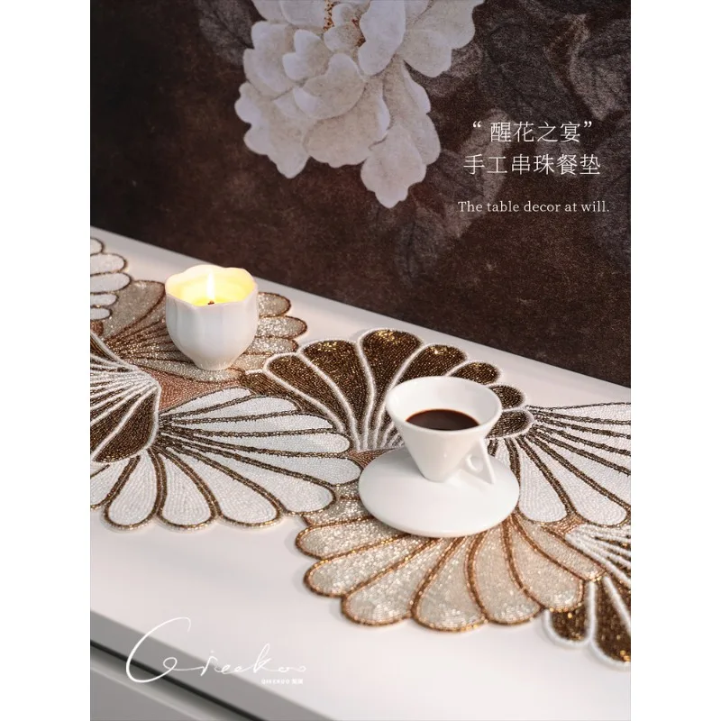Dining table, living room, tabletop placemat, home luxury, handmade beaded art table mat, thermal insulation mat