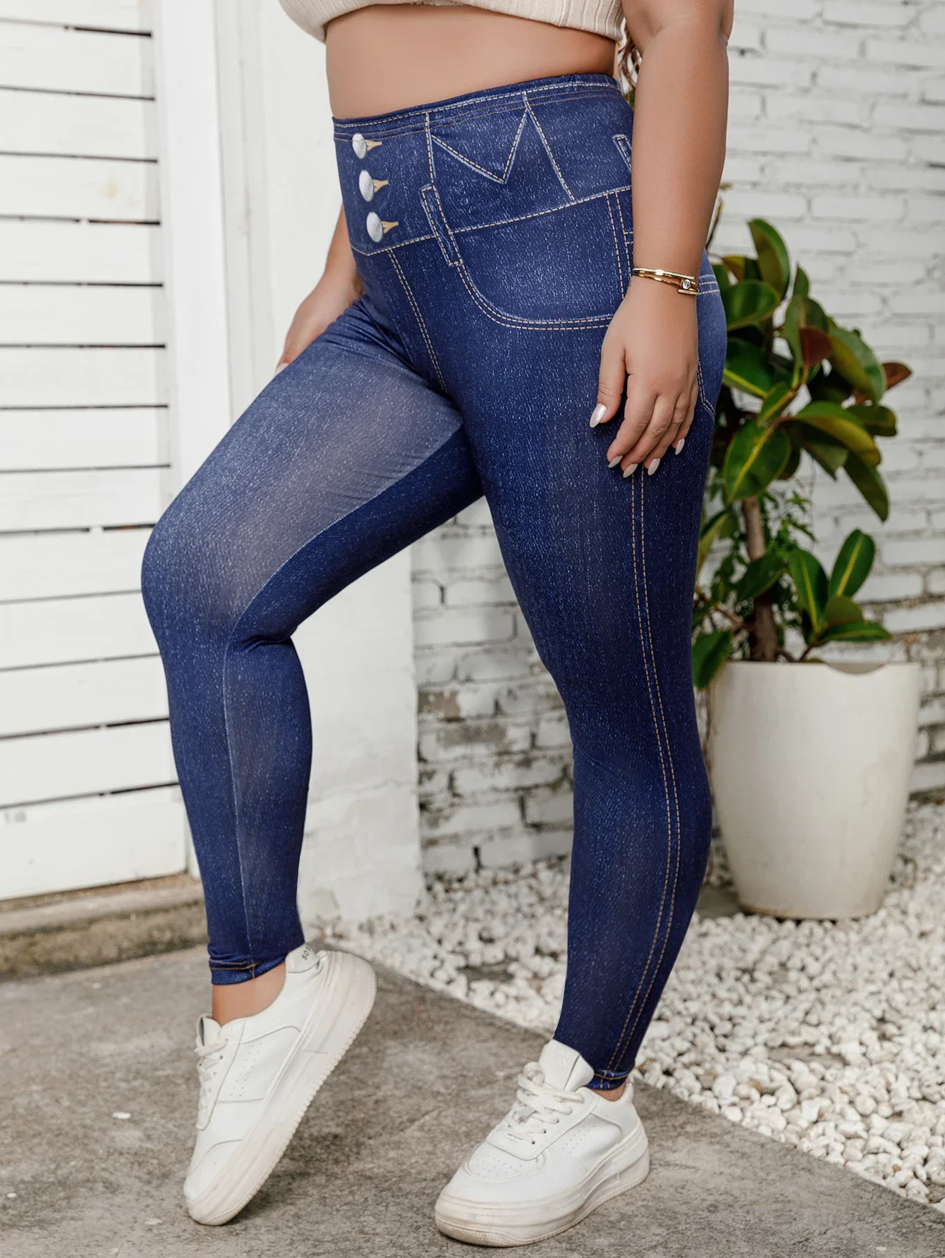 Plus Size Women\'s Long Leggings with Faux Denim Print Stretch Mid-Rise Skinny Pants Vintage Comfort Casual Comfortable Trousers