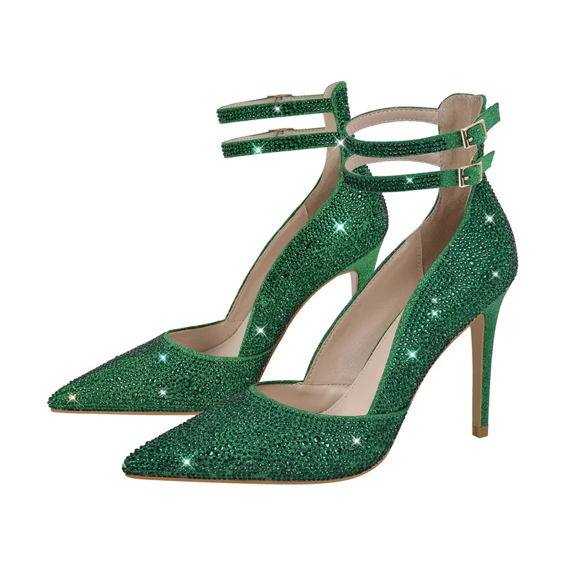 Onlymaker Women Green Pointed Toe Rhinestone Ankle Straps Pointed Toe Pumps 10CM High Heel  Party Dress Big Size Heels