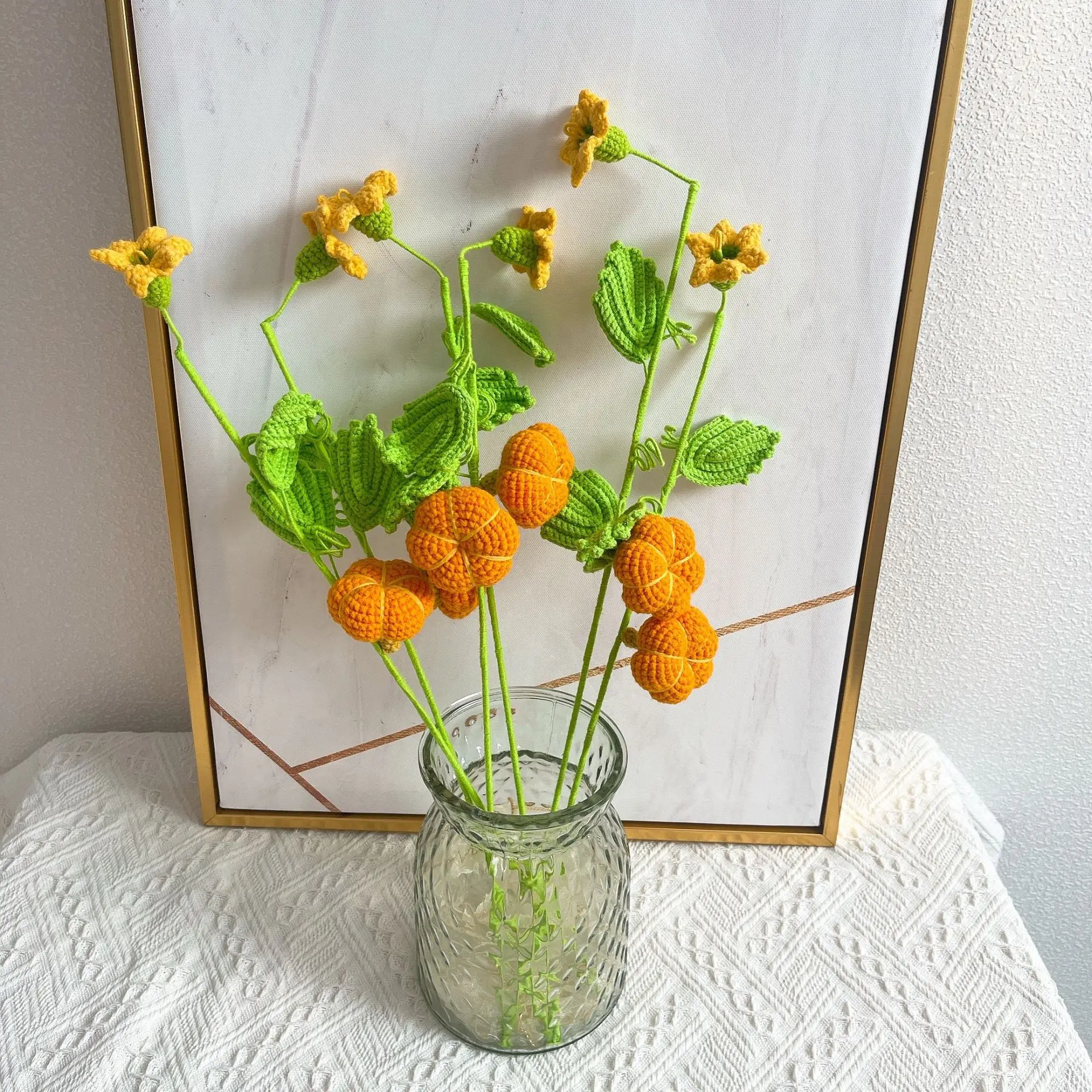 5PCS Pumpkin Artificial Fruit Flowers Wedding Bouquet Wool Knitting Flower Bouquet Orange Immortal Flower Artificial Plants