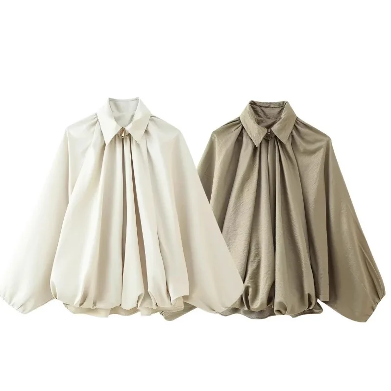 

Women's Puffy Jacket Pure Desire Elegant Fashion Gathered Collar Zip Front Balloon Sleeve Blouse Cream Khaki Satin Fabric 77C7