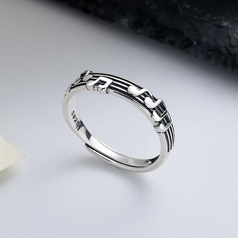 Vintage Thai Silver Note Five-line Music Score Ring for Women 925 Silver Fashion Personality Party Trend New Jewelry Gift