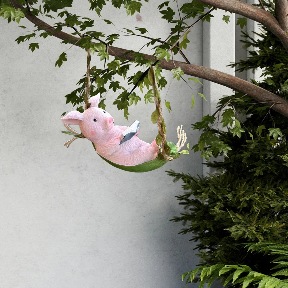 Cute Pig Swing Hanging Ornaments Waterproof Decorative Piggy Shape Statue Hanging Pig Swing Figurine for Garden Lawn Decoration