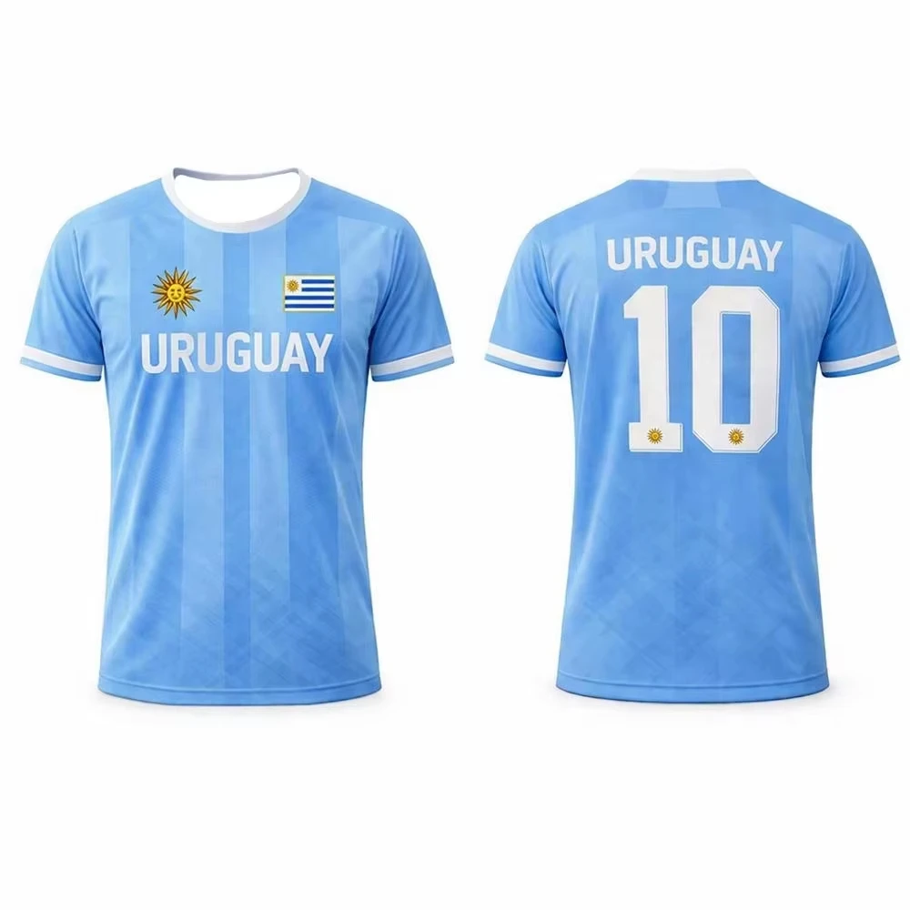 2026 Uruguay Sun Emblem Soccer Art Fan Jersey Short Sleeve Light Blue Stripe Number 10 Print Sports Tee for Adults Kids