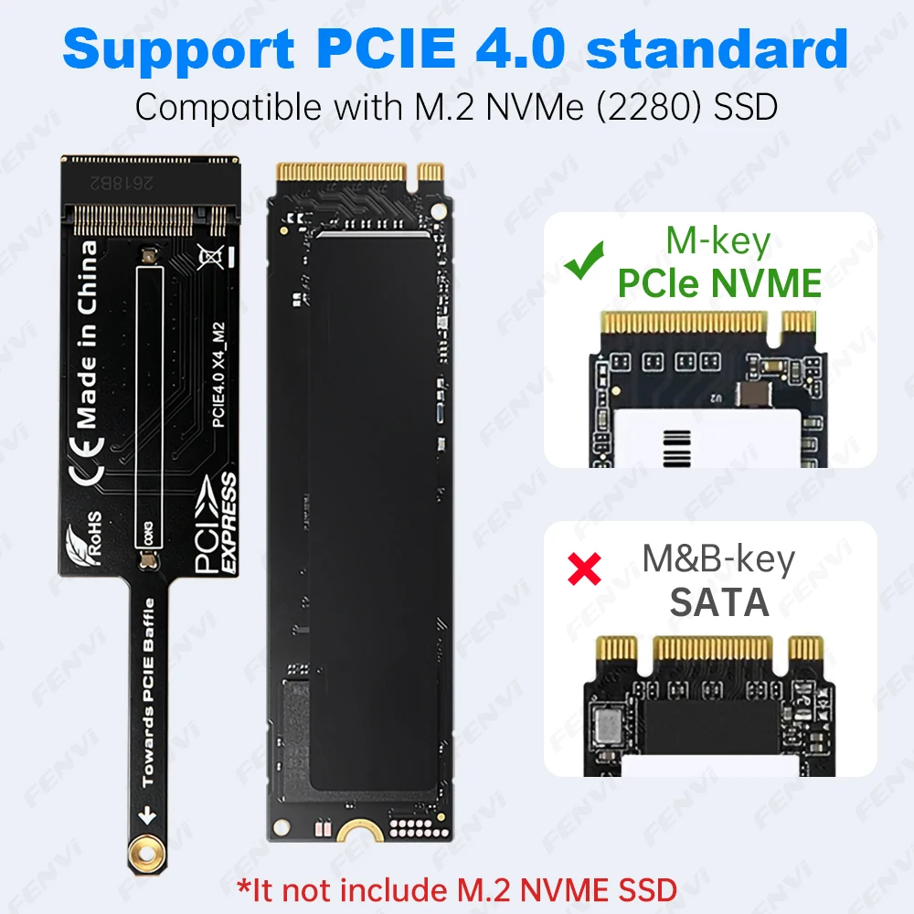 PCIE 4.0 X1 To M.2 NVME Adapter No Graphics Card Blocking High Speed Flat Mini Converter  for M-Key 2280 NVMe SSD PCIe X1/4/8/16