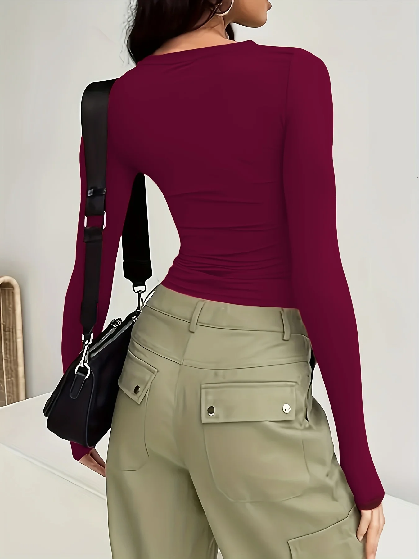 Damen-T-Shirt für Pendlerinnen, lässig, schlicht und modisch, einfarbig, mit langen Ärmeln – Detail 8