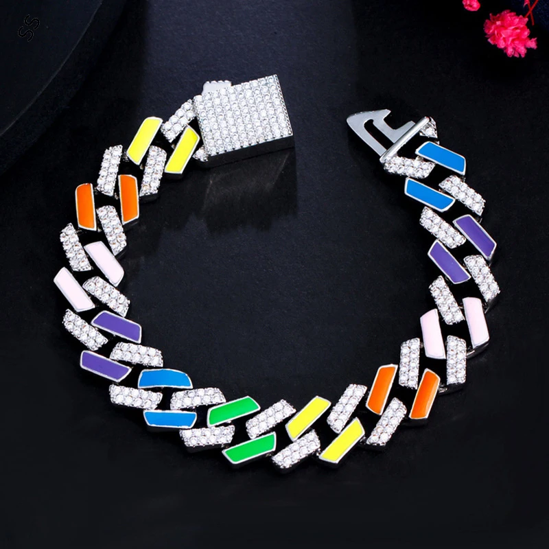 

European and American Men Women Hip-Hop Colorful Cuban Bracelet Ins Nightclub Micro-inlaid Zircon Dripping Oil Hand Ornaments