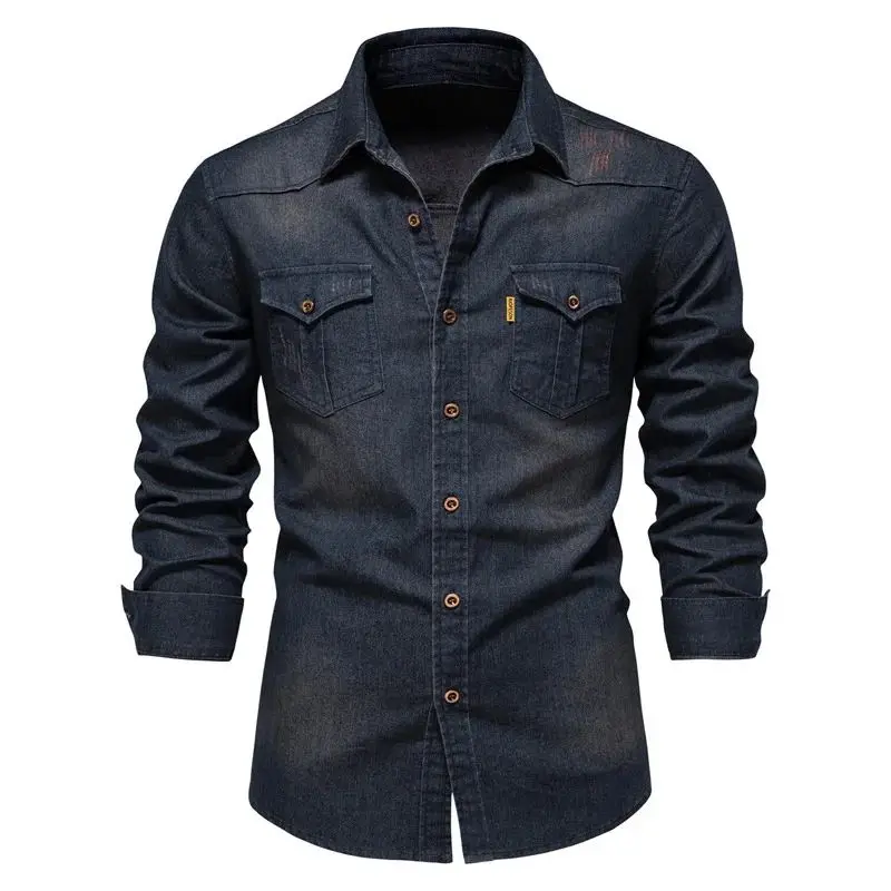 High Quality Cotton Men's Denim Shirt Spring Long Sve Special Wide Fit Fleece Lined Thickened  Collar Nine Sleeve Length