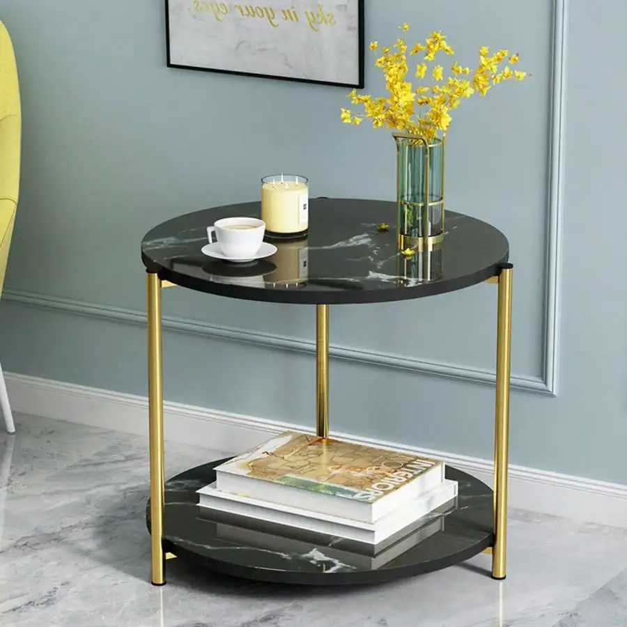 Double-Layer Multi-Purpose Round Coffee Table Side Table - Metal Reinforced Double-Layer Design Suitable For Both Indoor And Outdoor Use. Ideal For Modern Minimalist Living Rooms, Bedrooms And Balconies As A Decorative Coffee Table.