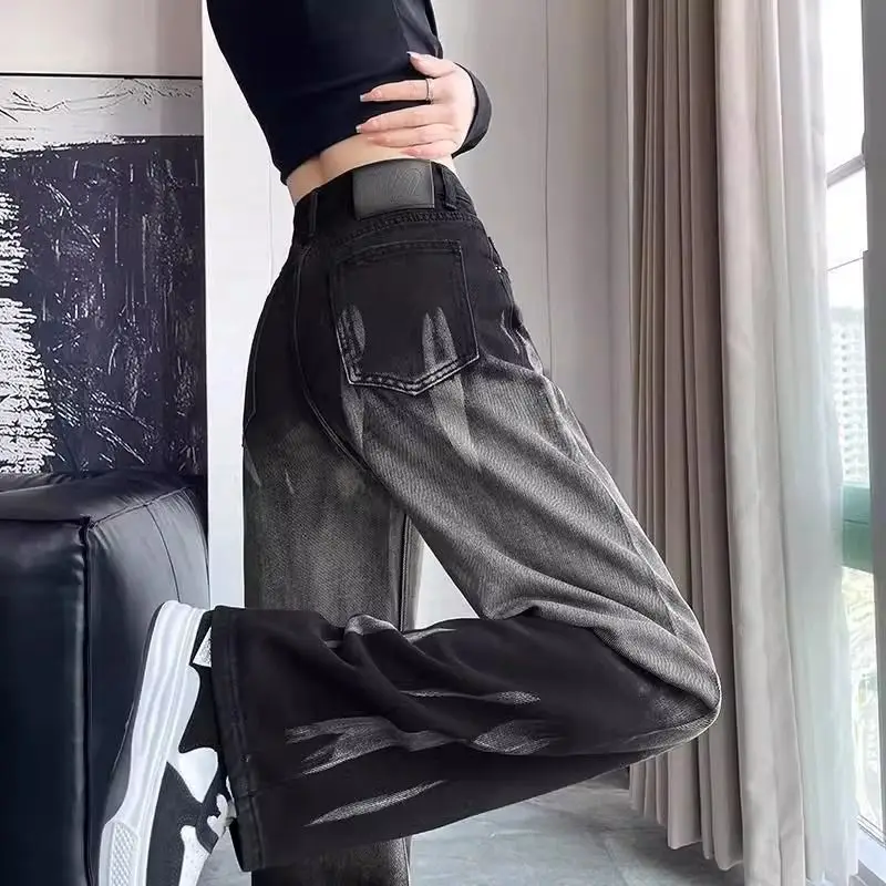 Tie-dye Straight Jeans for Women in Spring and Summer New Style Small High-waisted Slimming Without Legs Wide-leg Floor Pants