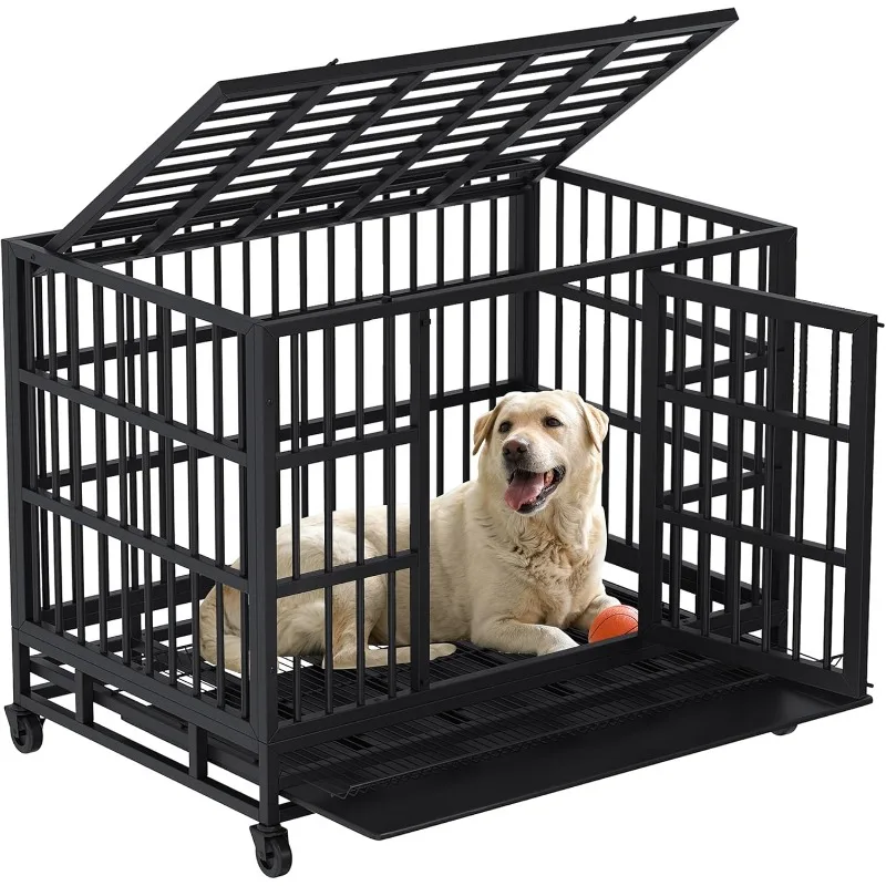 48 inch Heavy Duty Dog Crate, Indestructible and Escape-Proof Dog Crate Cage Kennel with Lockable Wheels, Black