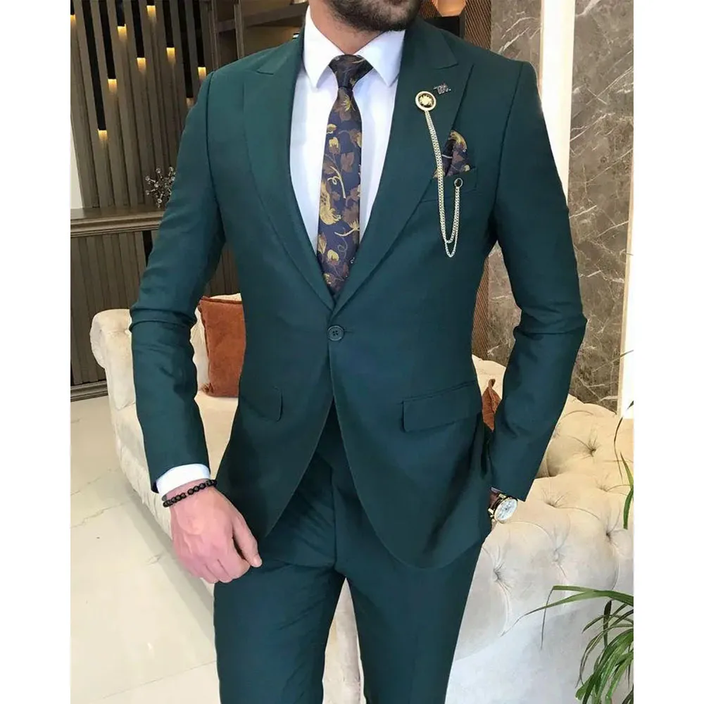 

Elegant Green One Button Slim Fit Wedding Suits For Men Luxury Peak Lapel Prom Party 2 Piece Jacket Pants Set Formal Male Terno