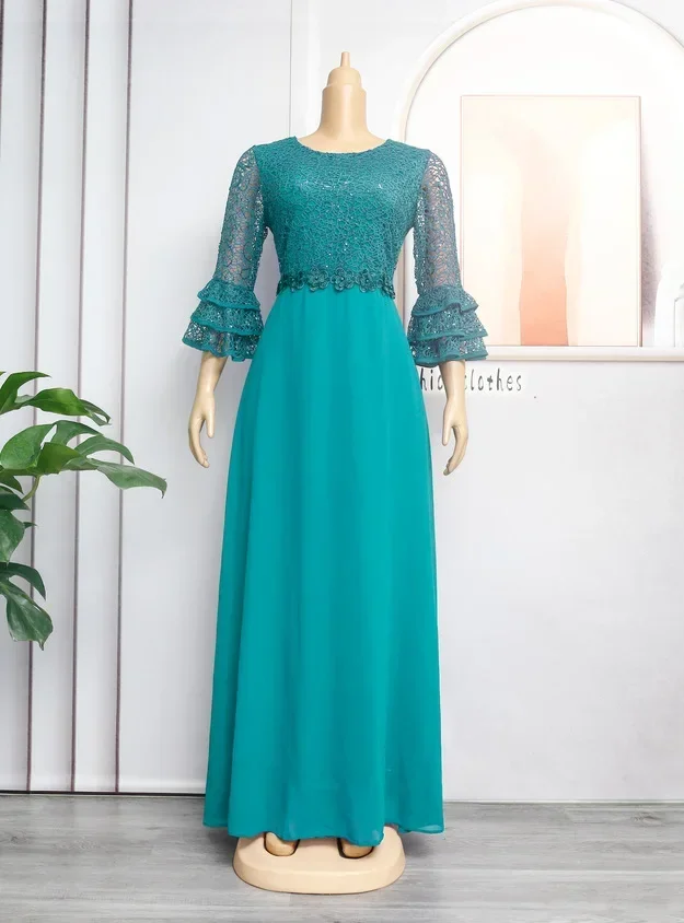 

African Dresses for Women Evening Party Gown Beads Traditional Clothing Africa Dashiki Muslim Dress Dubai Abaya Kaftan Wedding
