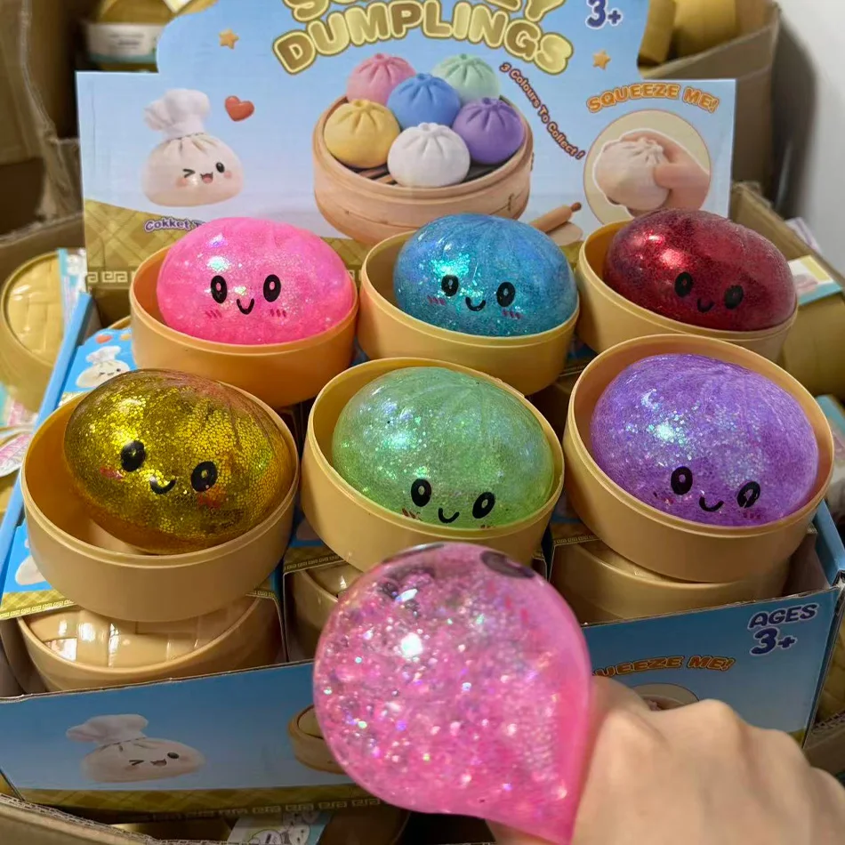 Glitter Dumpling Squishy con Caja, Juguete Sensorial Antiestrés de Dumplings, Caja Sorpresa para Alivio del Estrés