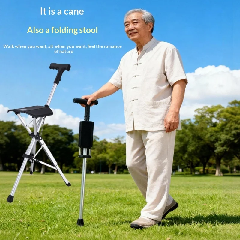 Multifunctional Outdoor Electric & Manual Cane Chair Elderly Stool with One Click Folding Seat Change - Portable Outdoor Seating