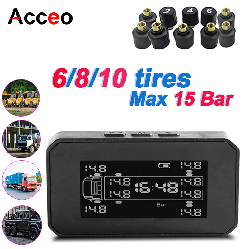 TPMS Large Truck Tire Pressure Monitor 6/8/10/12 External Sensor HD Color Screen Large Truck Tire Safety Alarm
