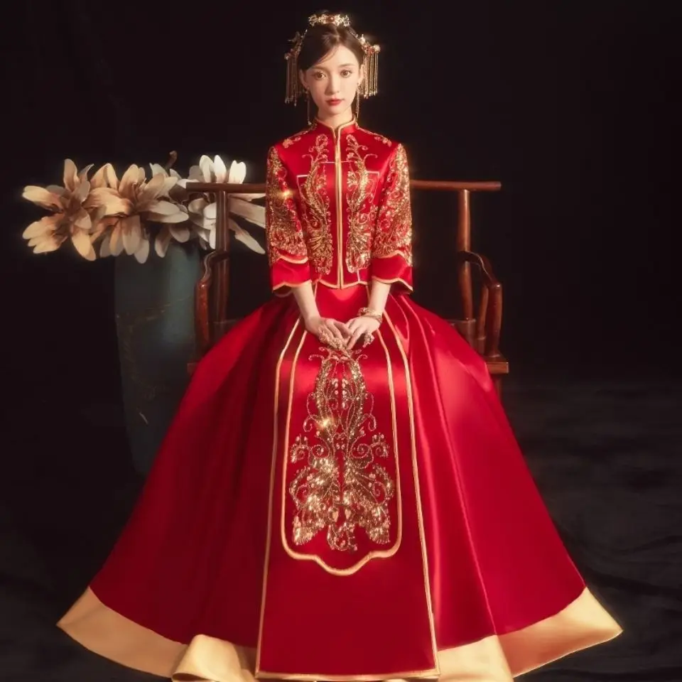 Yourqipao Xiuhe Clothing Plus Size 2024 Autumn Women Chinese Wedding Dresses Acient Dragon and Phoenix Bridal Gown Sets 10XL